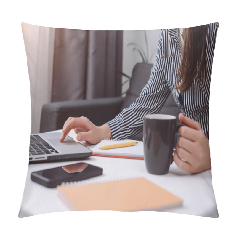 Personality  Woman Freelancer Working On Laptop At Home-office. Startup Concept. Close Up Of Female Hands Working Computer Typing On Keyboard And Hold Cup Coffee. Businesswoman Writing Business Letter At Work Pillow Covers