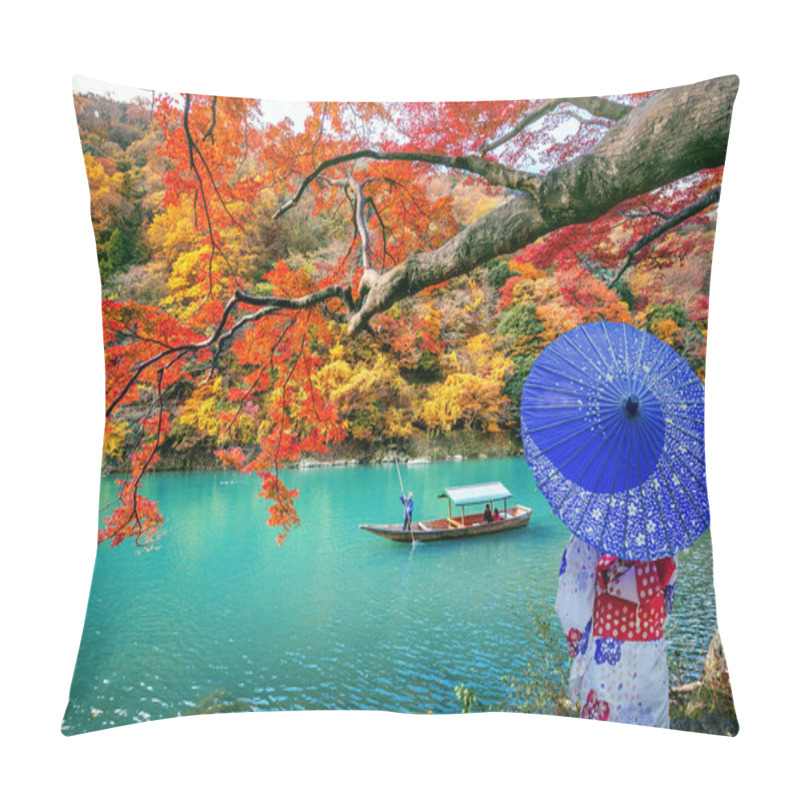 Personality  Asian Woman Wearing Japanese Traditional Kimono At Arashiyama In Autumn Season Along The River In Kyoto, Japan. Pillow Covers