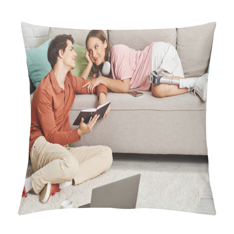 Personality  A Woman With A Prosthetic Leg Relaxes On A Sofa With Her Boyfriend. Pillow Covers