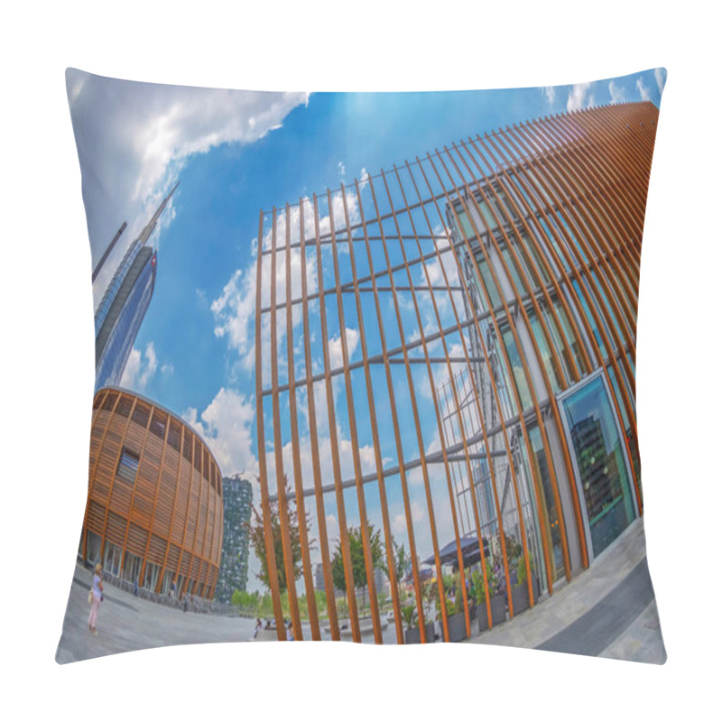 Personality  MILAN,ITALY-JULY 22,2018:Unicredit Pavilion Designed By Michele De Lucchi. Unicredit Bank Tower The Tallest Skyscraper In Italy By Cesar Pelli.Gae Aulenti Square, Financial District At Porta Garibaldi Pillow Covers