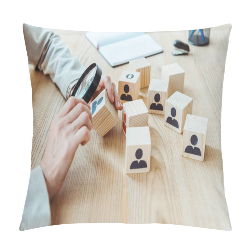 Personality  Cropped View Of Recruiter Holding Magnifier Near Cube In Office  Pillow Covers