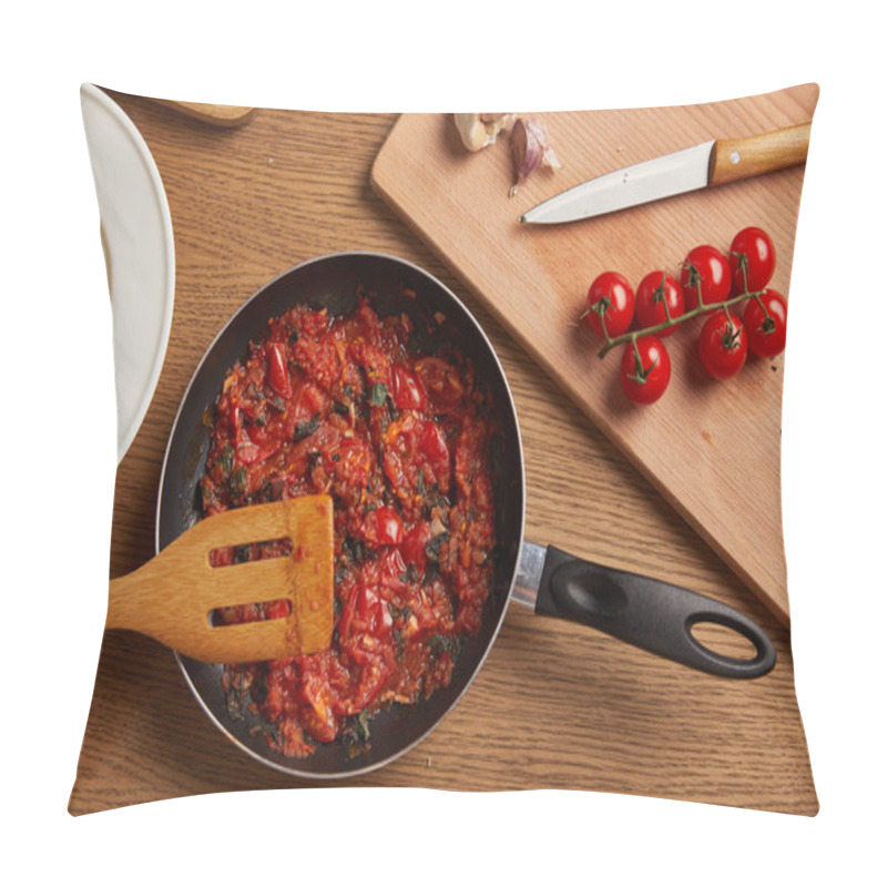 Personality  Top View Of Frying Pan With Tomato Sauce For Pasta On Wooden Table Pillow Covers