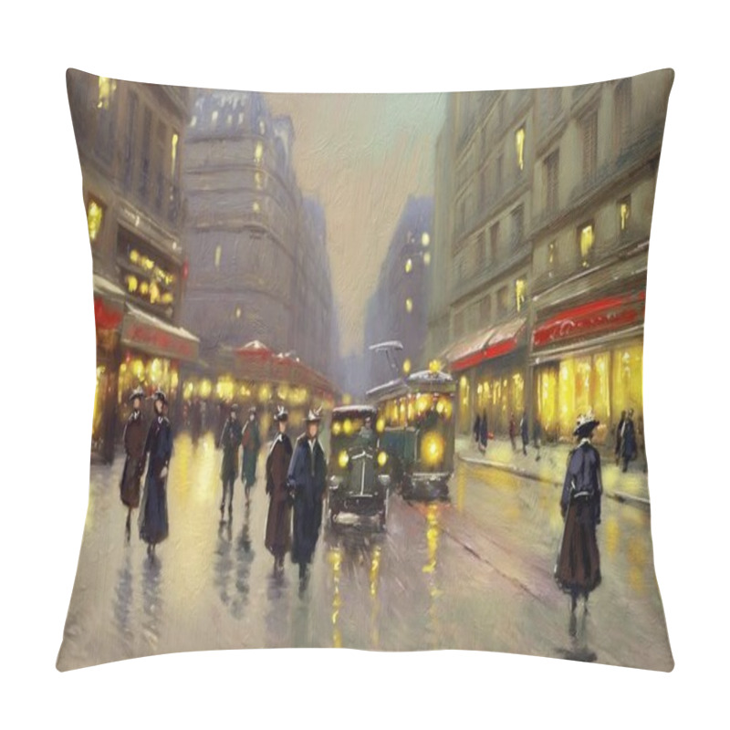 Personality  Oil Paintings Landscape, Night View Of The City Of The City. Artwork, Fine Art, People Walking On The Street At Night Pillow Covers