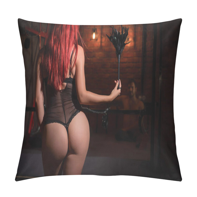 Personality  A Redhead Woman With A Beautiful Booty In Black Underwear Stands With A Whip And Dominates The Man During Sexual Games. BDSM Erotic Fantasies. Subordination. Toys For Adults. Pillow Covers