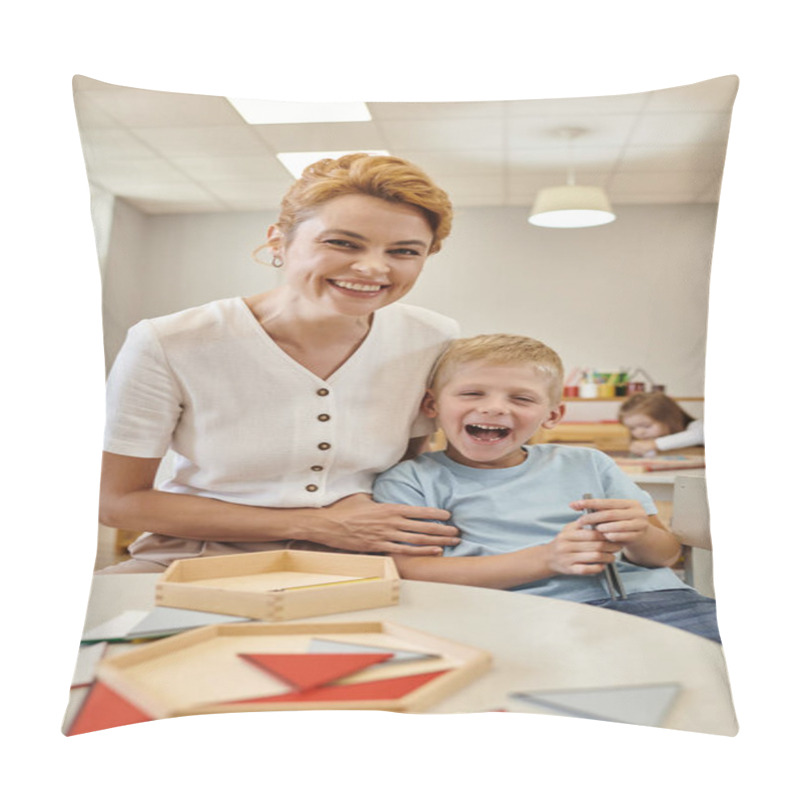 Personality  Cheerful Teacher Hugging Boy Near Wooden Game On Table In Montessori School On Background Pillow Covers