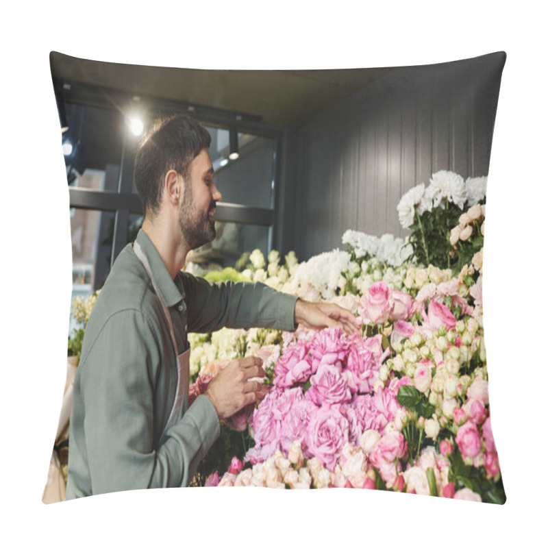 Personality  A Skilled Florist Delicately Arranges Stunning Pink Roses Among A Variety Of Blooms In His Shop. Pillow Covers