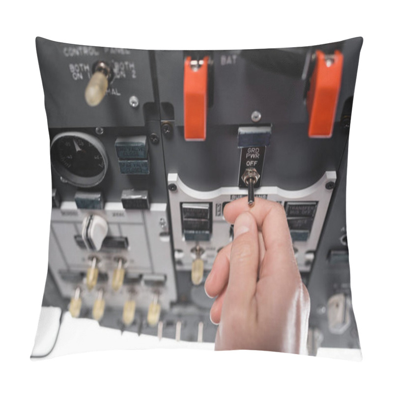 Personality  Cropped View Of Pilot Using Generating Off-grid Power Switcher In Airplane Simulator  Pillow Covers