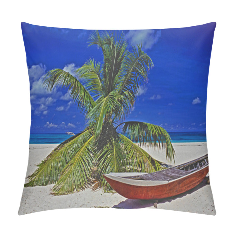 Personality  Beach With Palm Tree And Small Boat In The Seychelles Pillow Covers