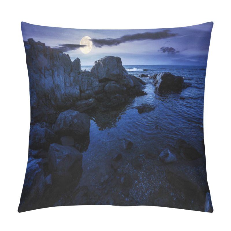 Personality  Sea Coast Scenery At Night. Boulders In The Calm Water. Few Clouds On The Sky In Full Moon Light. Lonely Place For Summer Vacations. Sunny Weather Pillow Covers