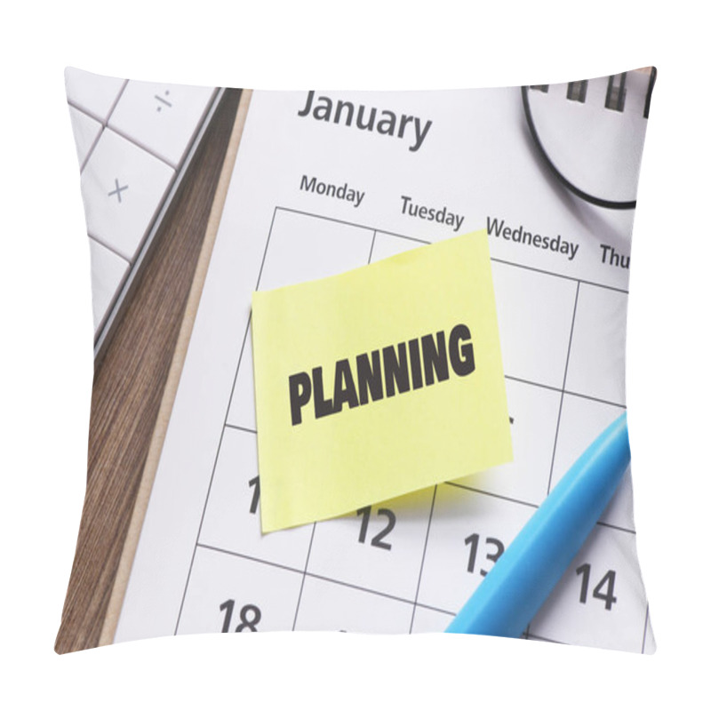 Personality  PLANNING Word On A Small Piece Of Paper Placed On A Calendar. Pillow Covers