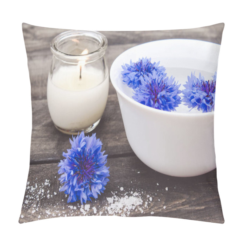 Personality  Blue Cornflowers Lie In The Water In A White Bowl Near A Burning Candle On The Background Of Old Boards. Pillow Covers