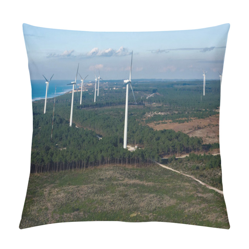 Personality  The Landscape Showcases Multiple Wind Turbines Surrounded By A Dense Forest, Highlighting Renewable Energy Efforts Along The Coastline. Captured At Nazare In Portugal Pillow Covers