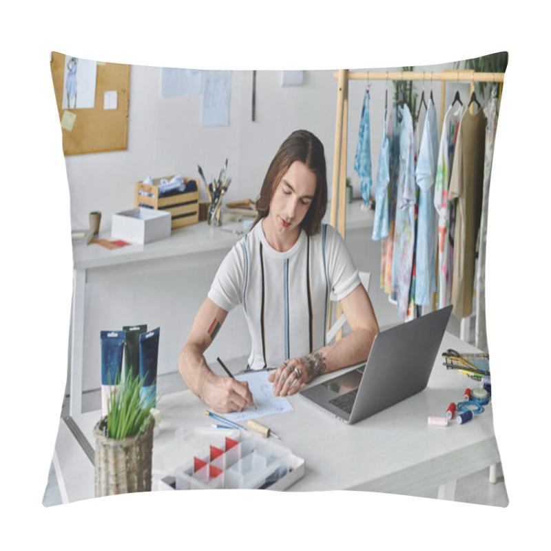 Personality  A Young Man Sketches Designs At His Clothing Restoration Atelier, Surrounded By Colorful, Upcycled Garments. Pillow Covers