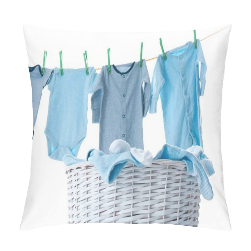 Personality  Children's Clothes On Washing Line And Laundry Basket Against White Background Pillow Covers