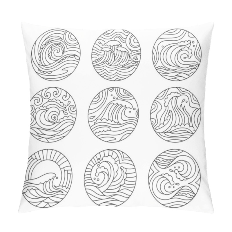 Personality  Sea Waves Doodle Round Pattern Set Ornament Vector Pillow Covers