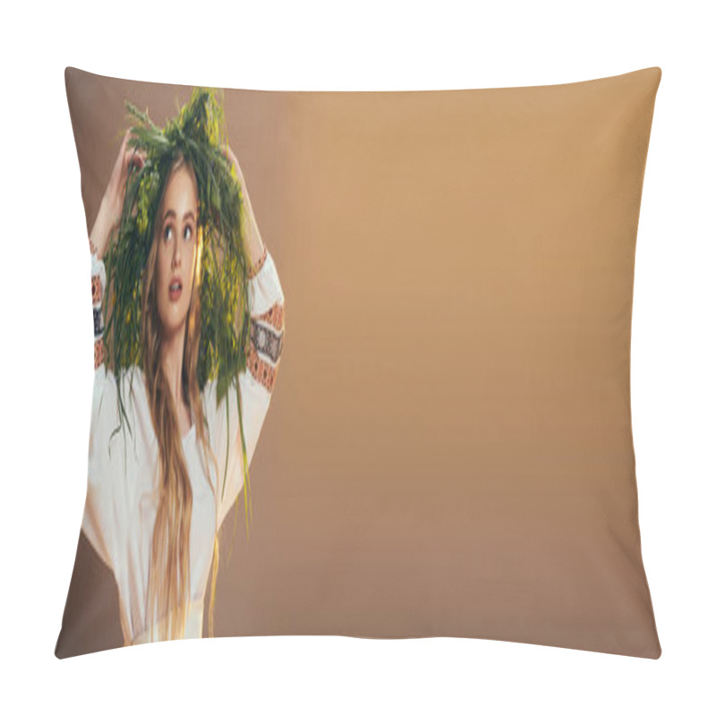 Personality  A Young Mavka With Mesmerizing Green Hair Wearing A White Shirt In A Fairy And Fantasy-inspired Studio Setting. Pillow Covers