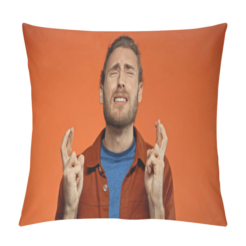 Personality  Bearded Young Man With Closed Eyes And Crossed Fingers On Orange  Pillow Covers