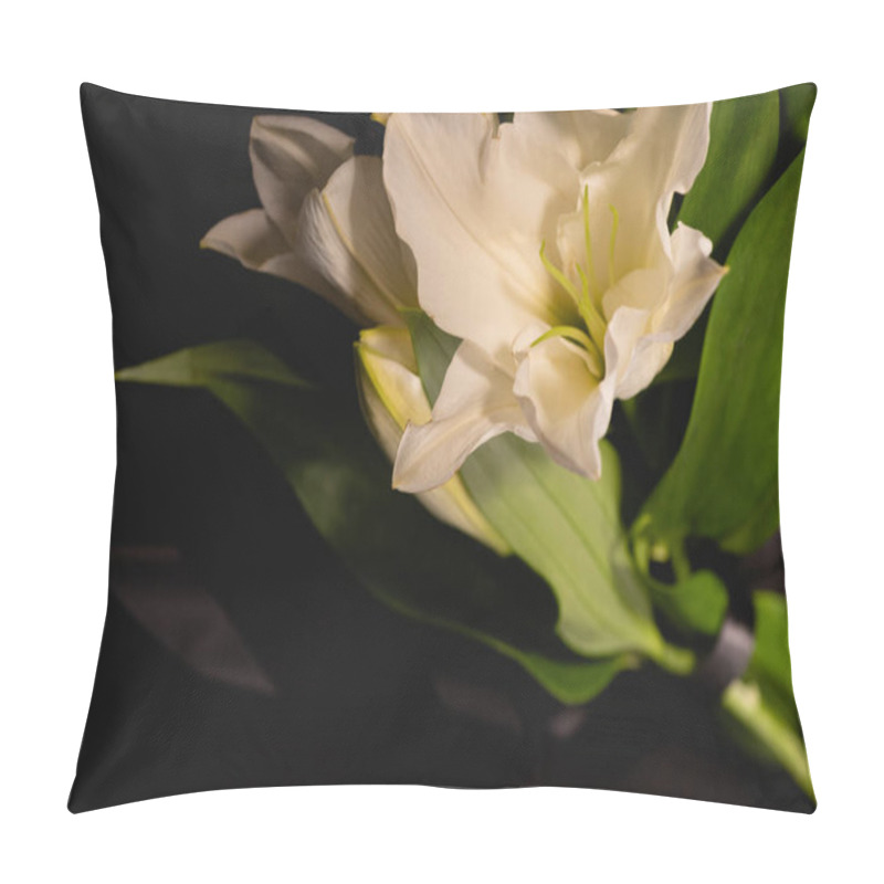 Personality  Closeup Of Lily Bouquet And Ribbon On Black Background, Funeral Concept Pillow Covers