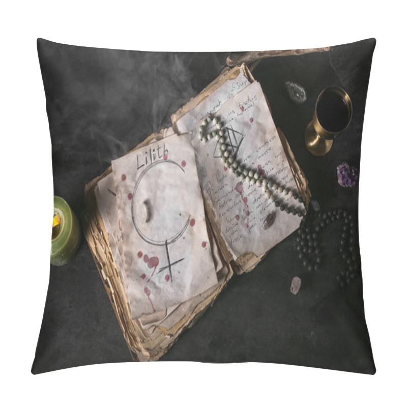 Personality  Witch's Magic Attributes With Spell Book On Dark Table Pillow Covers