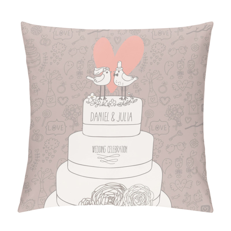 Personality  Stylish Wedding Invitation. Romantic Birds On The Cake. Save The Date Concept Illustration. Sentimental Vector Card In Pastel Colors Pillow Covers