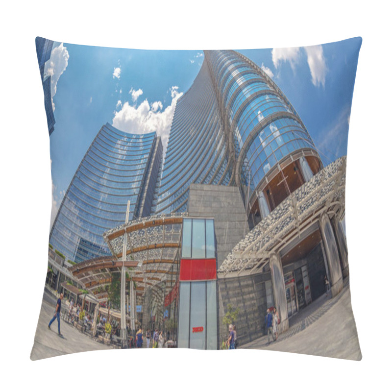 Personality  MILAN,ITALY-JULY 22,2018:Wide Angle View Of The Skyscrapers In Gae Aulenti Square The New Financial District At Porta Garibaldi,with Unicredit Bank Tower The Tallest Skyscraper In Italy By Cesar Pelli Pillow Covers