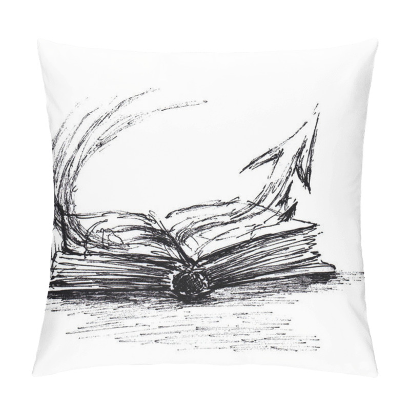 Personality  The Book Is A Source Of Knowledge, Inspires Adventure And Travel.. Hand Drawn Sketch With Ballpoint Pen On Paper Texture. Isolated On White. Bitmap Image Pillow Covers