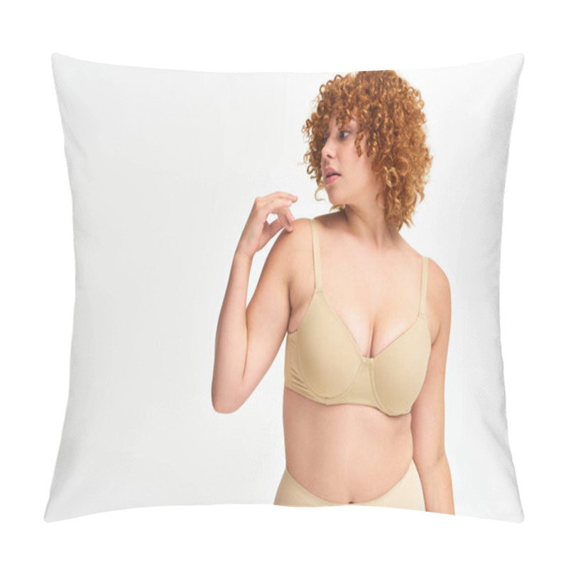 Personality  Plus Size Woman With Red Curly Hair In Beige Underwear Looking Away On White, Non-traditional Beauty Pillow Covers