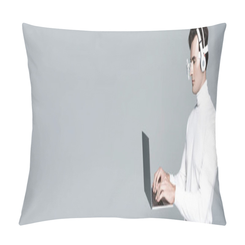 Personality  Cyborg In Digital Eye Lens And Headphones Using Laptop In Air Isolated On Grey, Banner Pillow Covers