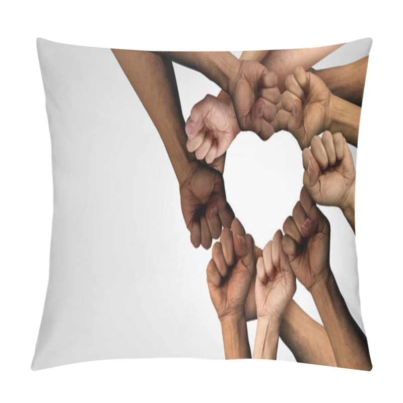 Personality  Peaceful Protest Group And Protester Unity And Diversity Partnership As Heart Hands In A Fist Of Diverse People Connected Together As A Nonviolent Resistance Symbol Of Justice And Fighting For A Good Cause. Pillow Covers