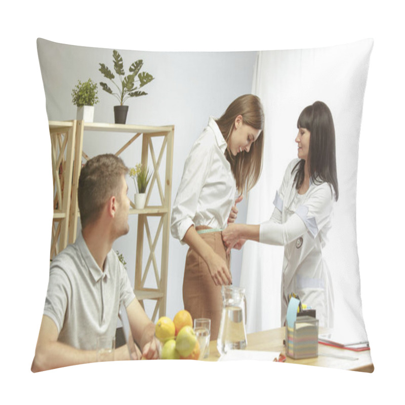 Personality  Smiling Nutritionist Showing A Healthy Diet Plan To Patient Pillow Covers