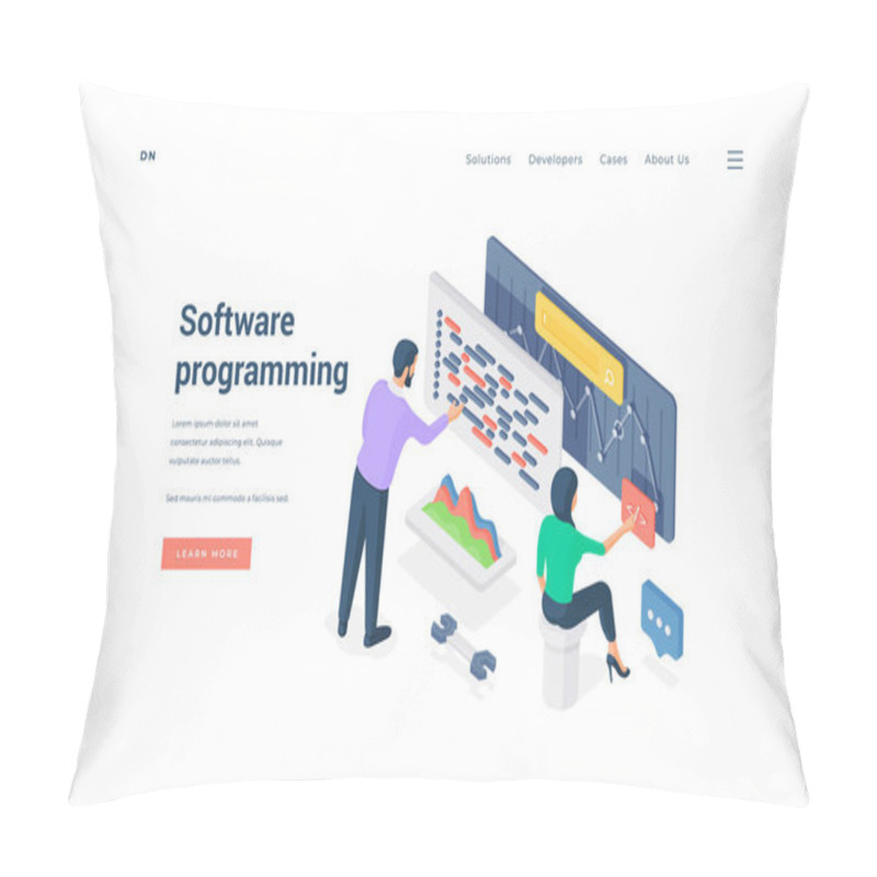 Personality  Male And Female Colleagues Programming Software. Isometric Vector Illustration Pillow Covers