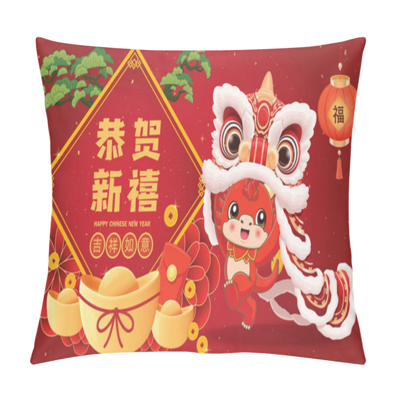 Personality  Vintage Chinese New Year Poster Design With Lion Dance. Chinese Wording Means Happy New Year, May You Be Safe And Lucky, Prosperity Pillow Covers