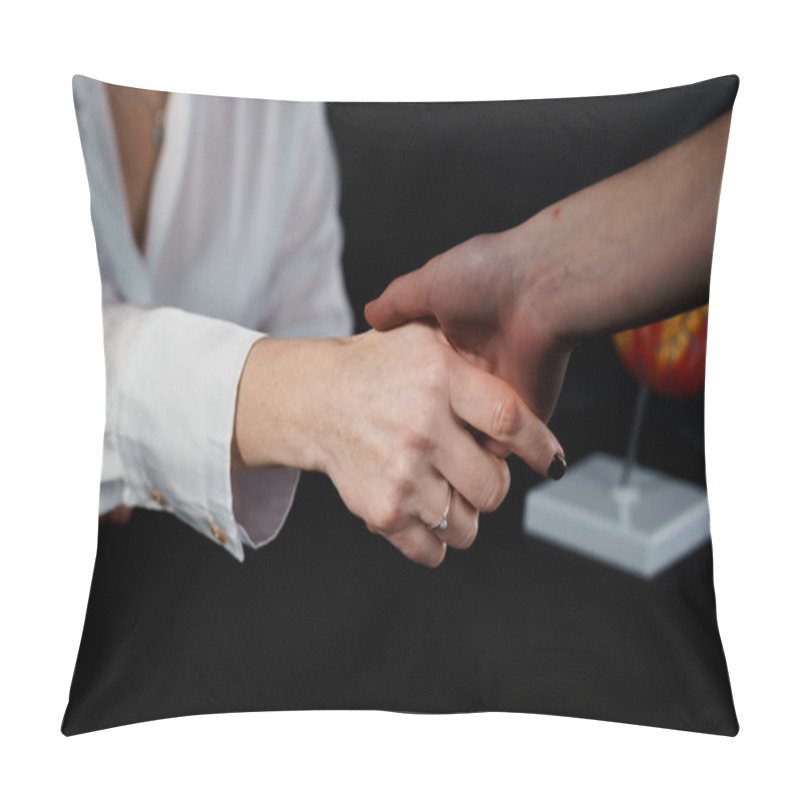 Personality  Two Hands Engaging In A Firm Handshake Against A Dark Background. Pillow Covers