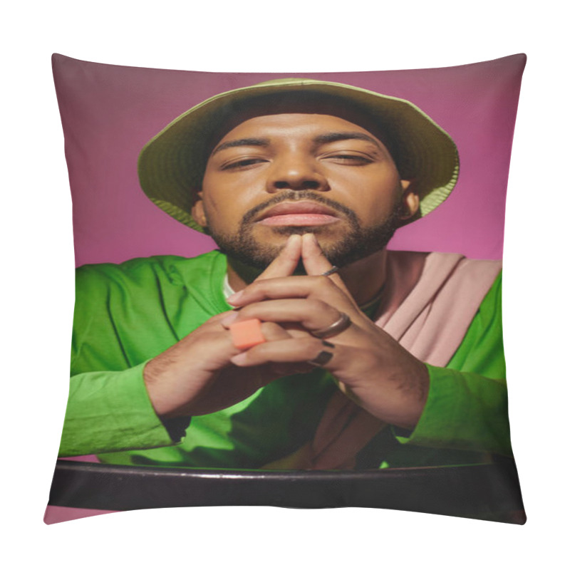 Personality  Portrait Of Handsome Stylish Man In Panama With Folded Hands And Fingers On Chin, Fashion Concept Pillow Covers