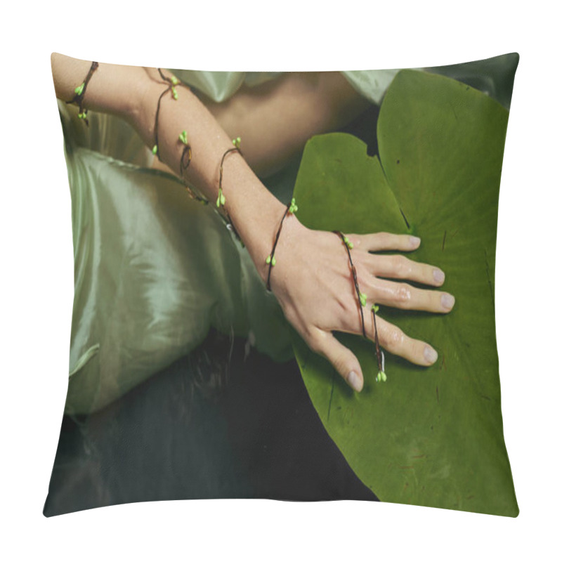 Personality  A Womans Hand Adorned With A Delicate Green Bracelet Rests On A Large Lily Pad. Pillow Covers