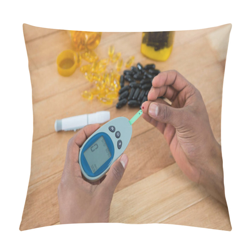 Personality  Mans Hand Testing Blood Sugar With Glucometer Pillow Covers