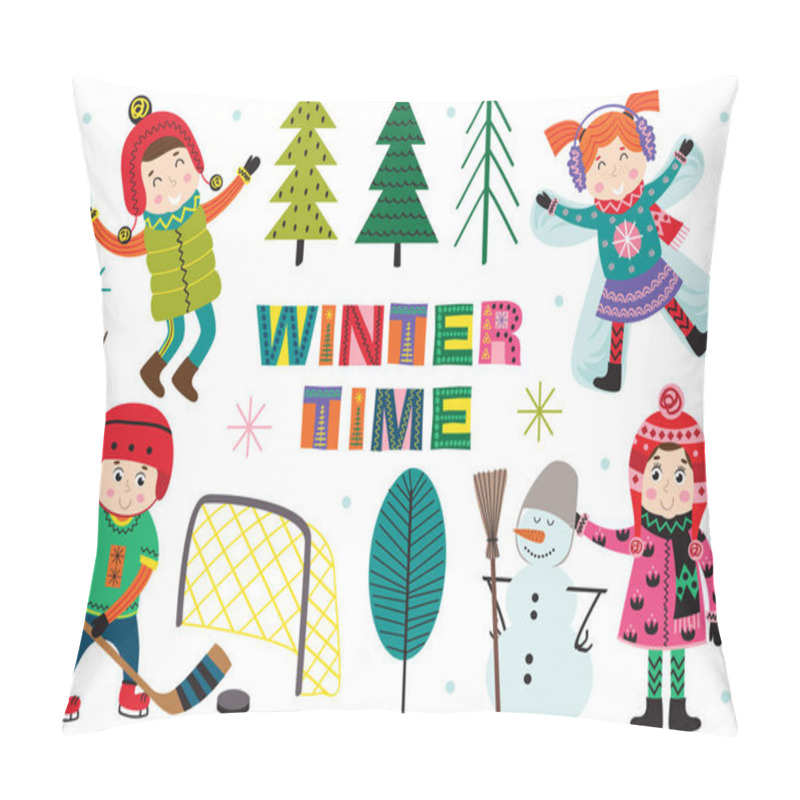 Personality  Set Of Isolated Winter Time With Kids Part 2  - Vector Illustration, Eps Pillow Covers