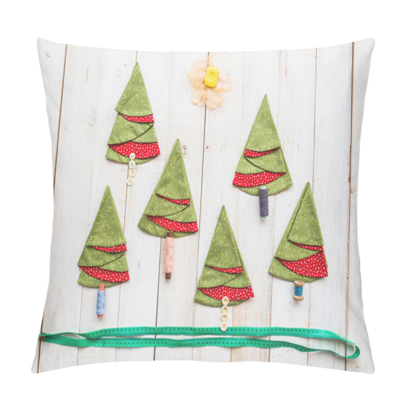 Personality  Patchwork And Tailoring Concept - Collage Of Sewing Tools And Decorative Red-and-green Napkins On White Wooden Floor, Embroidered Towels In Shape Of Christmas Trees, Applique Of Thread And Buttons. Pillow Covers