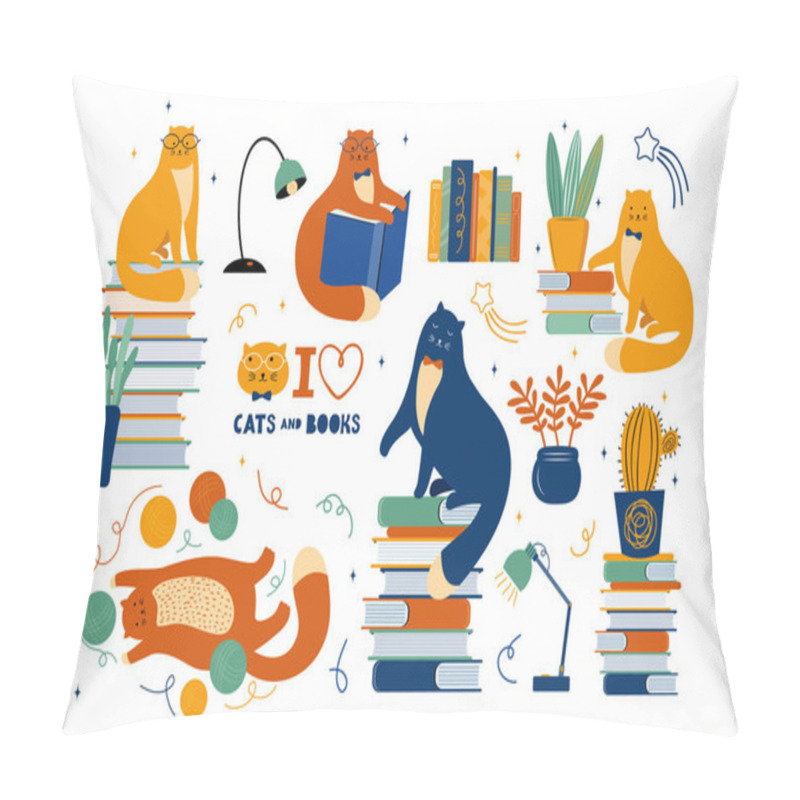 Personality  Big Set Of Funny Cats Are Literary Fans. Cute Animals Lovers Of Literature. Cartoon Cats Read And Sit On A Large Stack Of Books. Hand Drawn Scandinavian Vector Illustration. Handwritten Lettering Pillow Covers