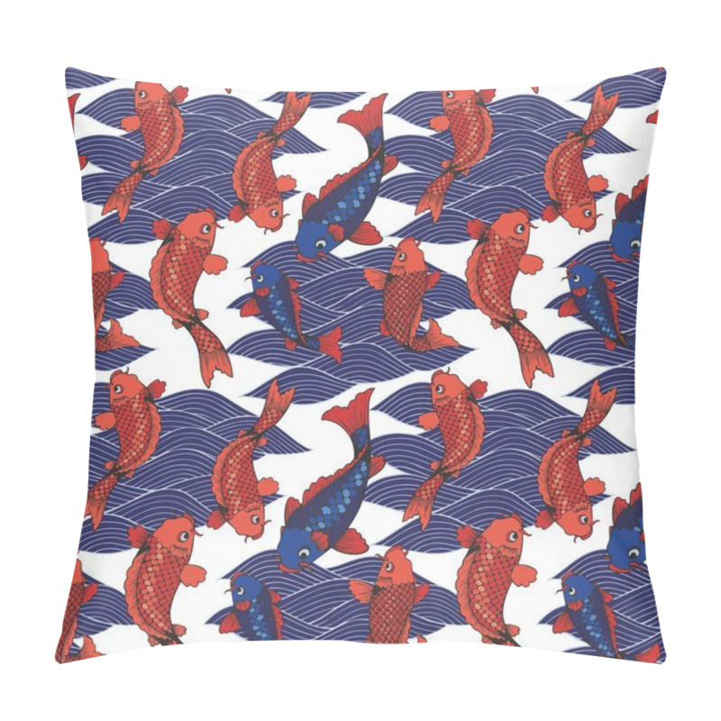 Personality  Vector Seamless Pattern With Koi Carps And Waves. Hand Drawing Pillow Covers