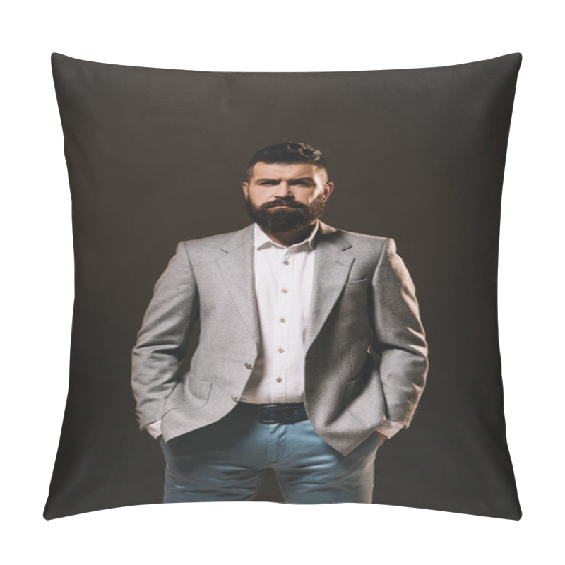 Personality  Beard Businessman Posing In Gray Jacket Isolated On Brown Pillow Covers