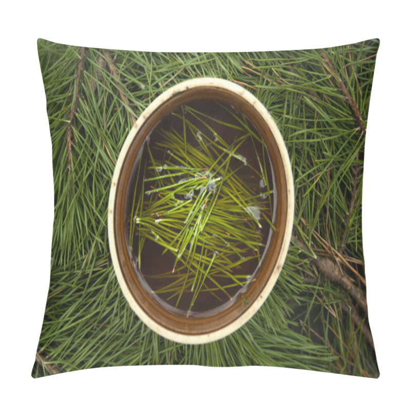 Personality  Cup Of Black Tea With Pine Tree Needles In It On Green Needles Background Top View. Healthy Beverage Tea In Old Cup. Pillow Covers