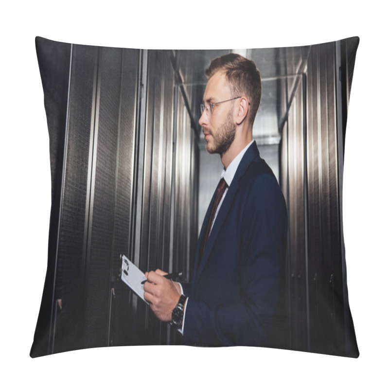 Personality  Side View Of Businessman In Glasses Holding Clipboard Near Server Racks  Pillow Covers