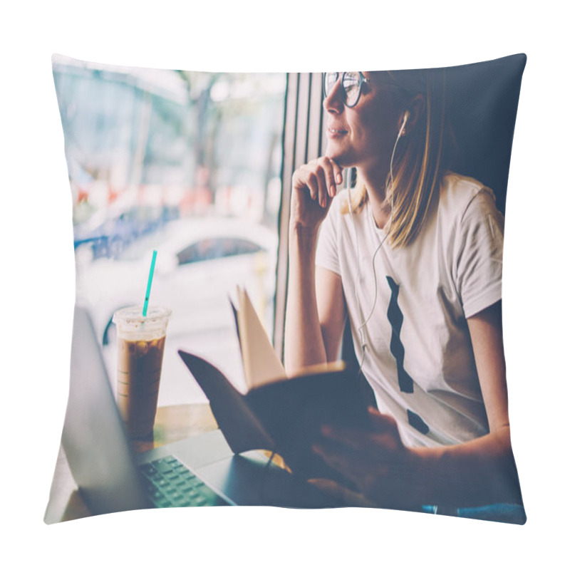 Personality  Cropped Image Of Beautiful Female Entrepreneur In Eyeglasses Dreaming About Successful Startup Project Sitting Indoors.Young Gorgeous Woman Enjoying Listening To Favorite Playlist Via Earphones Pillow Covers