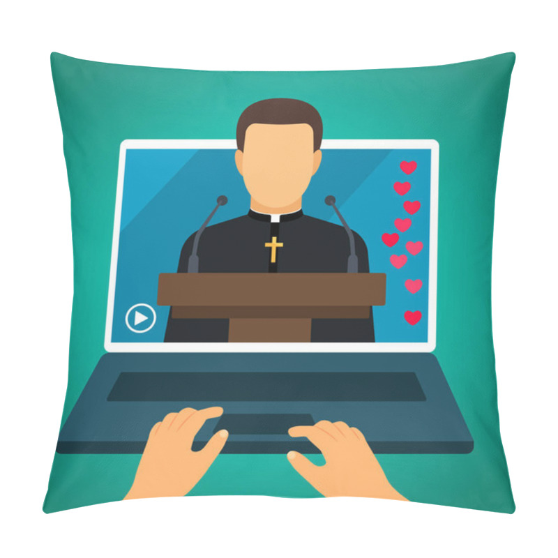 Personality  The Pastor Conducts Church Services Online. Home Church During Quarantine Due To Coronavirus Covid-19. Online Church Of Jesus Christ. Vector Illustration Pillow Covers