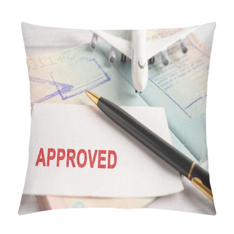 Personality  Approved Stamp Visa And Passport Document To Immigration At Airport In Country. Pillow Covers