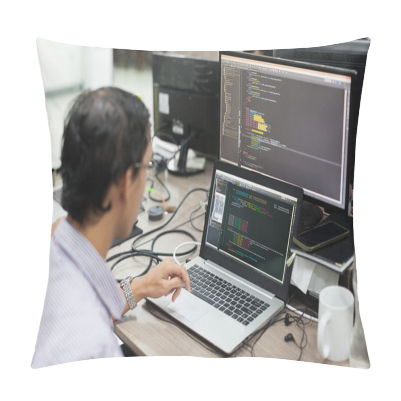 Personality  Asian Outsource Software Developer Looking Screen Sitting At Desk Pillow Covers