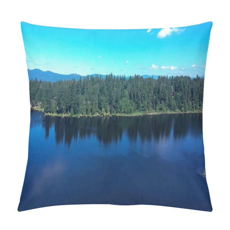 Personality  Photogenic Spring Lake On A Bright Clear Day In Summertime With Trees Reflecting In The Water A Blue Sky And White Clouds With Lily Pads Dockside In Renton King County Washington State Pillow Covers