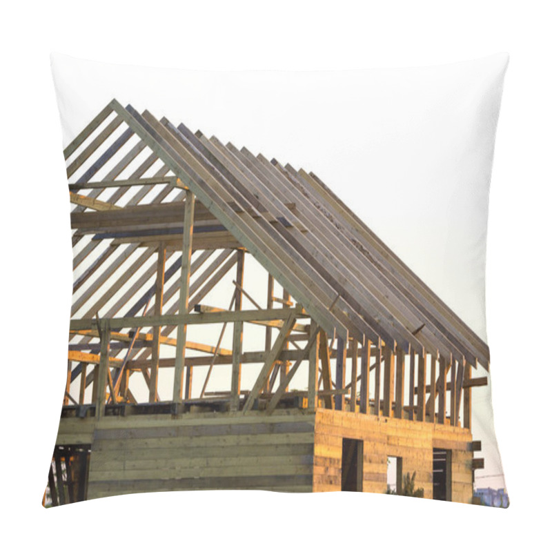 Personality  Close-up Detail Of New Attic Wooden Roof Frame Against Clear Sky. Professional Building, Roofing, Construction And Renovation Concept. Investment In Real Estate Property And Ecological Home Concept. Pillow Covers