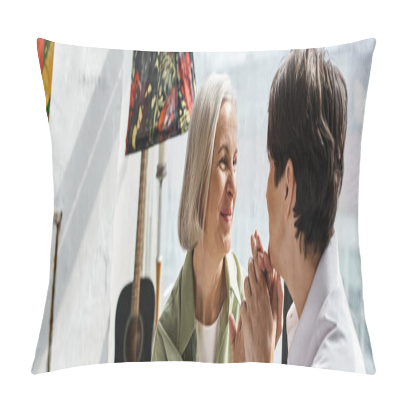 Personality  Two Mature Women Stand Elegantly Together In An Art Studio. Pillow Covers